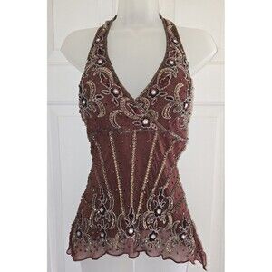 Glamour Costume Halter Top 100% Silk Brown Beaded Sequin XS Art Deco Dance/Stage